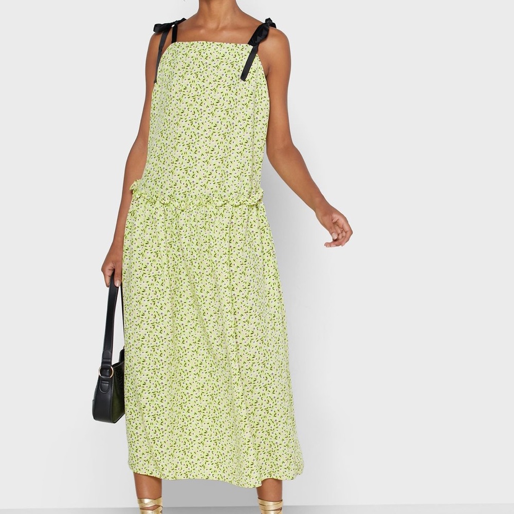 Topshop Lime Green Floral Dropped Waist Midi Dress Sz. 6